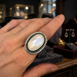 Wholesale 925 Sterling Silver Rainbow <b>Moonstone</b> Oval Ring Natural Gemstone Statement <b>Jewelry</b> Bezel Setting Classic Style Black - Product Image 3