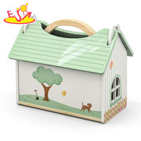 Rumah boneka kayu portabel hijau dengan pegangan, detail dekoratif dan pintu bermain fungsional mainan ramah perjalanan W06A673