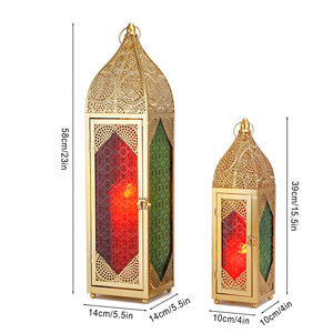 Juego de 2 Faroles de Vela Dorados Estilo Marroquí para Interiores con Vidrio de <span class=keywords><strong>Colores</strong></span> para Decoración Festiva - Product Image 3