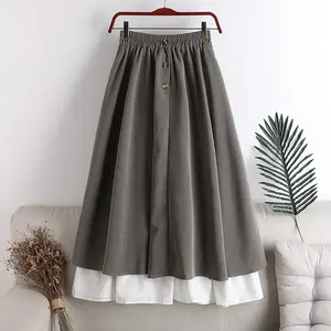 Wholesale 2023 Spring New High Waist Slim Elastic Waist Button Contrast Panel Mid Length Women's Half Length Skirt