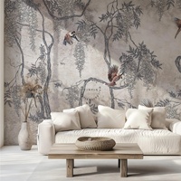 Papier peint mural imperméable beige clair avec des branches de fleurs et des oiseaux pour la décoration murale intérieure de la maison