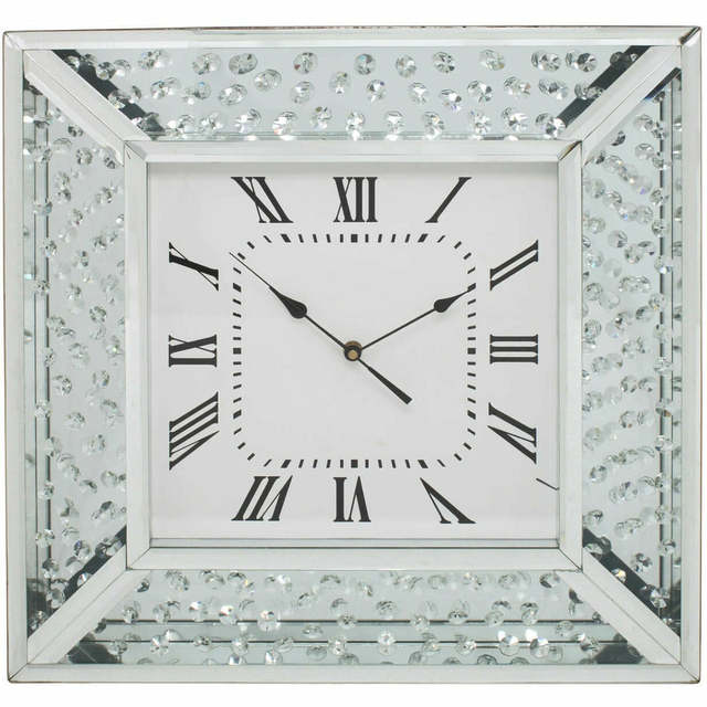Crushed Diamond Living Room Silver Square Wall Mirror Clock Decorative Crystal Sparkle Twinkle Bling Large Wall Clock for Wall D
