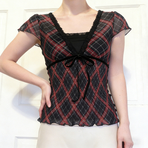 Y2K Plaid Women <b>Top</b> Lace <b>Patchwork</b> V Neck Lace Up Bow Short Sleeve Slim Fit Sexy Sweet T Shirt - Product Image 3