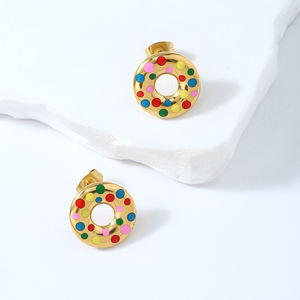 Boucles d'Oreilles Épaisses et Épaisses en Or 18k Hypoallergénique Boucles d'Oreilles Cercle en Émail à Pois Colorés pour Femmes - Product Image 1