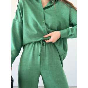 ชุดสูทผู้หญิง 2 ชิ้น เสื้อเชิ้ตผ้าฝ้ายสีเขียวทรงออกซ์ฟอร์ดและกางเกงขายาวทรงกว้าง ระบายอากาศได้ดี เหมาะสำหรับงานทางการ - Product Image 5