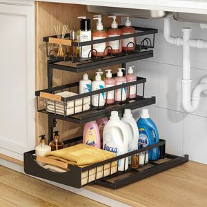 Panier de rangement sous évier en acier inoxydable noir, organisateur roulant à 3 niveaux avec poignée latérale pour salle de bain et cuisine - Product Image 1