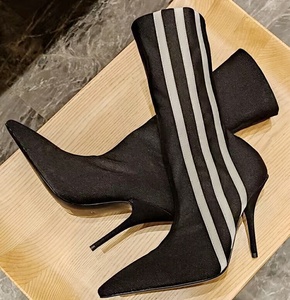 Four Seasons Short Elastic Boots Sexy Thin High Heels Pointed Toe Stripe <b>Shoes</b> Women's Stretchy Ankle Booties - Product Image 4