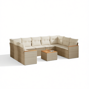 Ensemble de canapés de jardin beige en rotin PE tressé avec coussins en mousse haute densité, imperméable, design contemporain - Product Image 1
