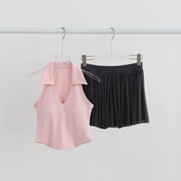 Set Yoga Nyaman Wanita Musim Panas Terbaru Atasan Kerah Polo dengan Bantalan Dada dan Model Draped, Set Yoga yang Nyaman