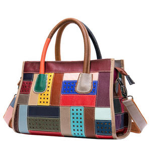 Bolso de mano de cuero genuino para mujer, estilo vintage, con patrón geométrico, colores contrastantes, bandolera, bolso de hombro, bolsos con asa superior para dama - Product Image 1