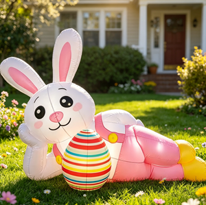 Lindo conejo de Pascua inflable acostado junto a un huevo colorido para jardín, patio, porche y decoración de temporada. - Product Image 4