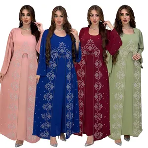 20245096 Colorful Traditional Muslim Dress Front Wide Slit Kaftan Rhinestone Sheer Layer Belted Abaya