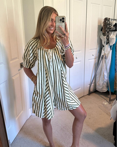 Vestido Mini Holgado a Rayas para Mujer, Cuello en V, Manga Abullonada, con Cordón, Informal, para Verano, Playa, Vacaciones, Fiesta, Estilo Bohemio <span class=keywords><strong>Chic</strong></span> - Product Image 3