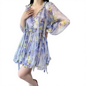 Vestido de seda de morera <span class=keywords><strong>ZIMMERMAN</strong></span>*2025 de primavera/otoño, dulce, antiestático, estampado, con volantes, de cintura alta, irregular y con cordones. - Product Image 1