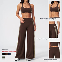 Ensemble de yoga effet seconde peau pour femme, 2 pièces : Soutien-gorge de sport dos nageur et pantalon taille haute à jambes larges, à rayures contrastées, effet ventre plat, extensible, OEM ODM
