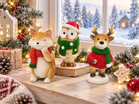 Ensemble de 3 sculptures de Noël en résine peintes à la main, animaux de dessin animé (renard, hibou, renne) avec écharpe et bonnet de Père Noël, décoration de collection pour les fêtes