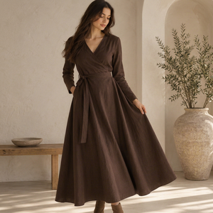 Robe longue tendance pour femme, style plage, simple, respirante, moderne, marron chocolat, en mélange de lin, à manches longues, à nouer devant - Product Image 1