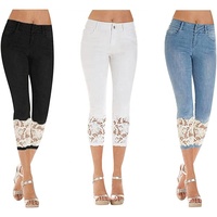 Jeans déchirés pour femmes, pantalon skinny court, vêtements trois quarts, pantalon capri à bordure en dentelle, jeans en denim, leggings grande taille