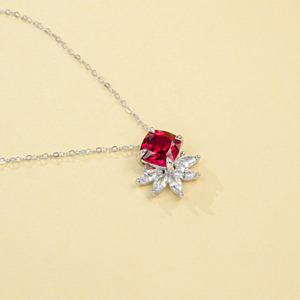 925 Sterling Silver Lab Grown <b>Ruby</b> <b>Necklace</b> Cushion Cut Marquise CZ Halo Floral Pendant Clavicle Chain for Women K - Product Image 4