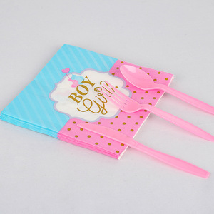 Ensemble de vaisselle et décorations modernes pour fête de révélation du sexe garçon ou fille : plateau, bannière, gobelets en papier et plateaux repas - Product Image 3