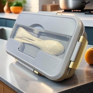 Food Grade 1000ml Wheat Straw Bento Box Leak Proof Dual Tier Portable Outdoor Use Food <b>Container</b> with Soup Cup and Spoon - Product Image 2