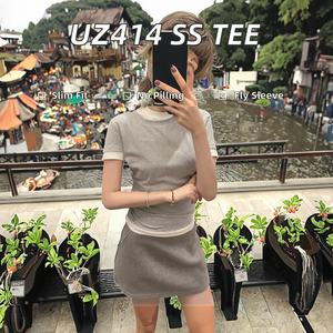 UZ414 Women's Casual Short <b>Sleeve</b> T-Shirt Slim Fit Base Shirt with New Letter Double Collar Anti-Pilling Knitted Design - Product Image 2