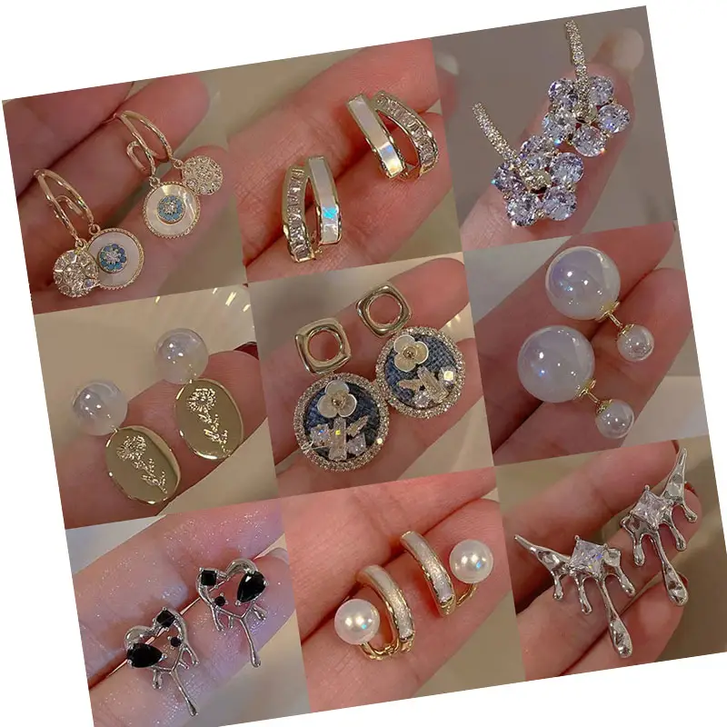 Fashion Trend New Opal Stone Flower Pendant Earrings Zircon Pearl Heart Flower Set Diamond S925 Silver Women's Gold Earrings