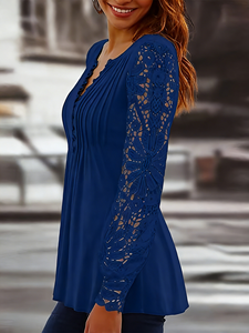 Blusa Casual de Primavera/Otoño para Mujer, Estilo Europeo, Sexy, de Encaje, Manga Larga, Talla Grande, Corte Holgado, con Fibra de Leche y Cuello en V con Botones - Product Image 5