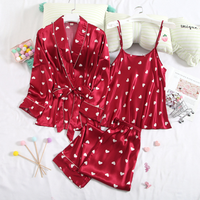 Coeur pyjamas ensembles 3 pièces Pijamas femme vêtements de nuit en soie en Stock rouge vêtements de nuit pour femmes Sexy vêtements de nuit Satin col en v