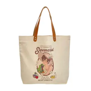 Wholesale Eco-friendly 10Oz 12Oz 16Oz Natural Cotton Canvas Daily Necessities Tote Bag With Leather Handle