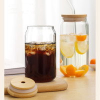 Verre à bière au design simple, verre épais avec couvercle en bambou, gobelet à eau transparent 350 ml
