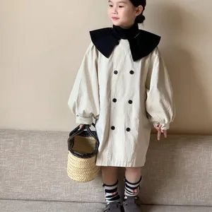 2024韓国風秋春子供ジャケットボタン赤ちゃんの女の子のための甘いロングウィンドコート