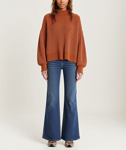 נשים פופולריות גבוהה של נשים רכות נוחות שרועה סרוג צווארון גבוה שרוול ארוך סוודר - Product Image 1