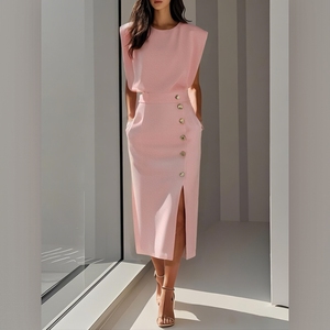 Robes pour femmes, couleur unie, col rond, taille cintrée, ourlet fendu, boutons métalliques, mode - Product Image 1