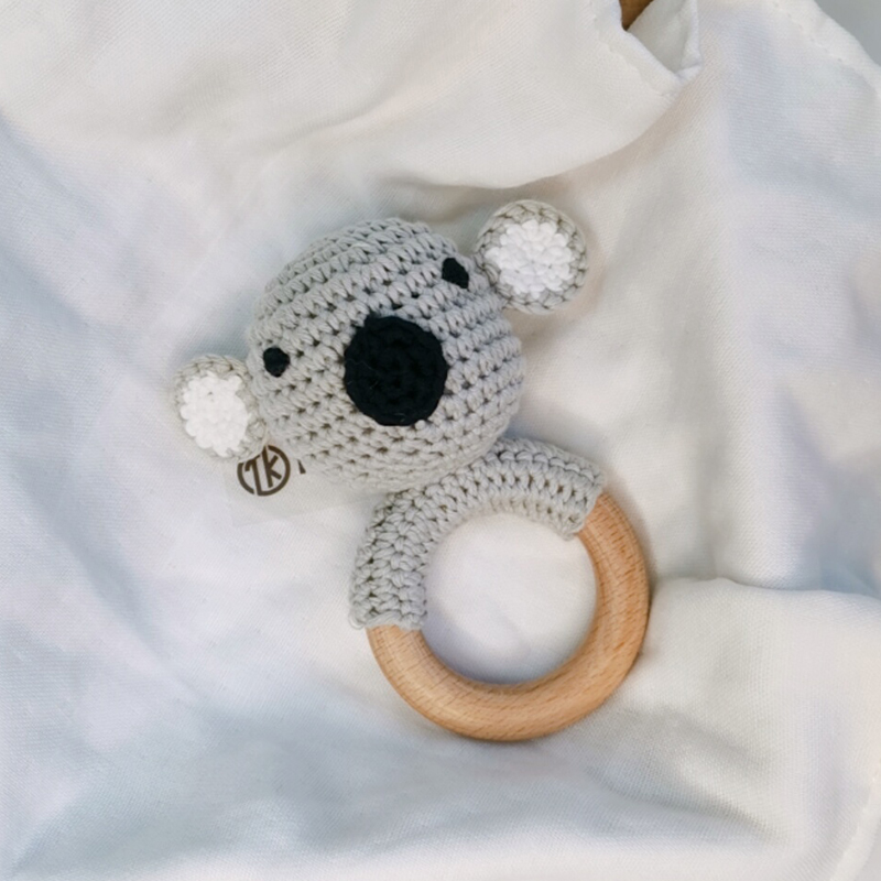 Organic Cotton Amigurumi Crochet Koala baby rattles rattles wooden teether