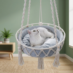 Cama para Gatos de Macramé, Cueva Redonda con Cojín de Terciopelo, Tejida a Mano con Algodón, Cama Interior para Mascotas, Suave, Desmontable, Lavable, para Todas las Estaciones, Diseño Minimalista - Product Image 1