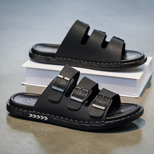 Sandales d'été élégantes pour hommes à bout ouvert avec boucles métalliques multi-ajustables en similicuir cousues à la main antidérapantes décontractées - Product Image 2