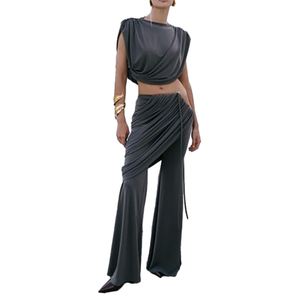 Ensemble haut sexy à découpes sans manches col rond et pantalon plissé taille haute pour femme - Tendance mode - Product Image 2