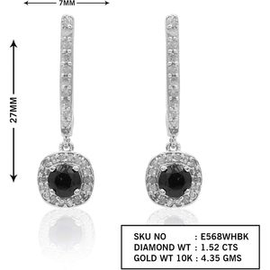 Pendientes colgantes con halo de diamantes de Ornaatis, oro blanco de 10k, centro negro, forma redonda, joyería de boda para mujer - Product Image 2