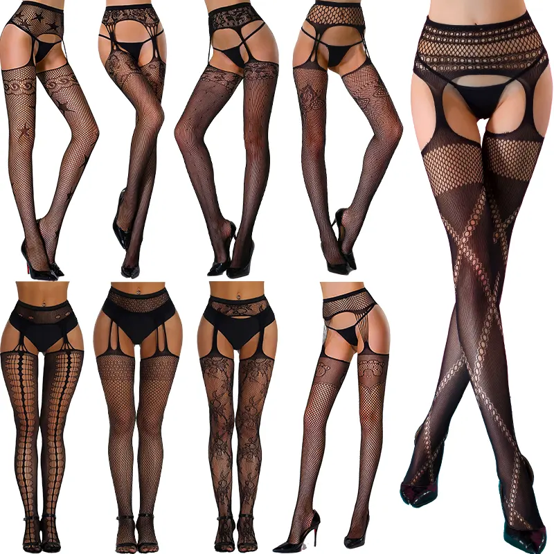 Womens Crotchless Suspender Pantyhose Black Jacquard Weave Seamless Garter Tights Fishnet Stockings Stretch High Stockings