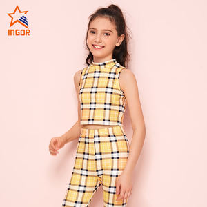 Enfants filles Plaid Sport costume col montant <span class=keywords><strong>sans</strong></span> manches haut court taille haute Yoga Legging Fitness filles entraînement ensemble - Product Image 1