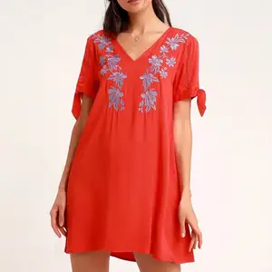 HY3320 Ambrosia LavenderとRed Embroidered Tie-Sleeve Shift Dress