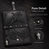 Ensemble en cuir PU à fleurs gothiques en relief, trousse de maquillage punk à croix et rivets en strass et classeur/agenda A6 à clip métallique