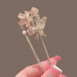 Horquillas de metal con borlas de flores de esmalte de perla china, adorno para el cabello estilo Hanfu para mujer - Product Image 5