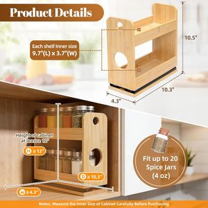 Tfro & Cile Étagère à Épices Coulissante à Double Niveau en Bambou pour Armoire, Organisateur Gain de Place pour Assaisonnements, Cuisine et Garde-Manger - Product Image 2