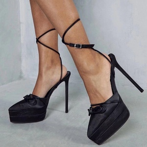 Sandales à plateforme pour femmes en satin avec nœud et lacets, talons aiguilles fins et hauts, bout pointu, escarpins sexy, chaussures d'été pour femmes - Product Image 2