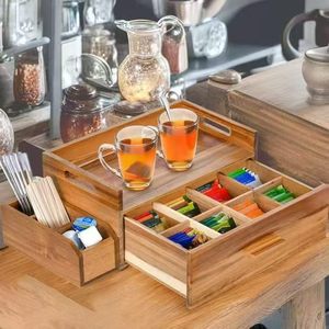 Wooden <b>Tea</b> Storage <b>Box</b> With Pull Out Compartments Solid Wood Desktop Organizer For <b>Tea</b> Bags And Accessories - Product Image 3