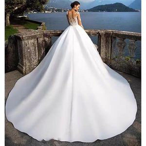 White Satin Ball Gown Wedding Dress High Waist Sweetheart Neckline Vintage Lace Long Sleeve Full Skirt - Product Image 2