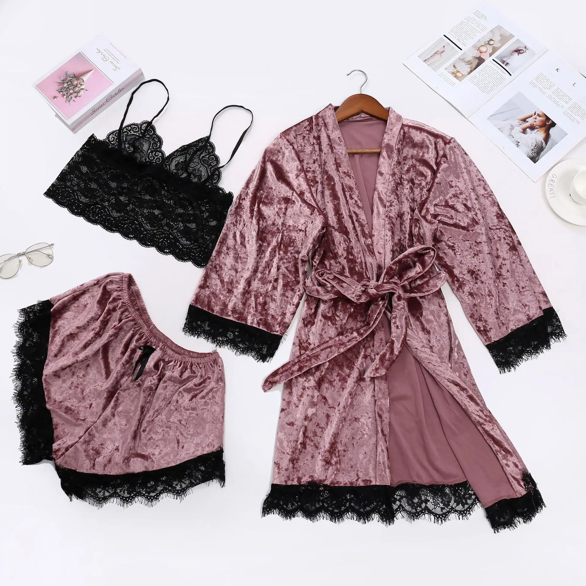 Women's Underwear Pajamas Sets Lingerie Dress sexy Velvet Robe 3pcs Sleepwear Cami Top Velvet Pjs for Women