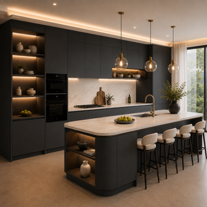 Meubles <span class=keywords><strong>de</strong></span> cuisine laqués en anthracite foncé avec îlot incurvé et niches éclairées chaleureusement illuminées - Product Image 2